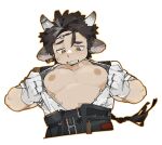  1boy animal_ears arknights bare_pectorals black_pants brown_eyes brown_hair commentary cow_boy cow_ears cow_horns gloves highres horns looking_at_chest lqqq male_focus nipples pants pectorals shirt sweatdrop symbol-only_commentary wan_qing_(arknights) white_gloves white_shirt 