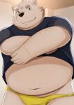 2024 anthro belly big_belly bulge canid canine canis clothed clothing clothing_lift domestic_dog guratan_wa hi_res humanoid_hands kemono male mammal navel overweight overweight_male shirt shirt_lift solo topwear underwear undressing