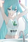  1girl absurdres aqua_eyes aqua_hair arms_up bananafish1111 camisole clothes_writing commentary_request faucet hair_ornament hair_tie hair_tie_in_mouth hatsune_miku highres long_hair midriff mouth_hold navel sink solo spring_onion_print tying_hair upper_body very_long_hair vocaloid white_camisole 
