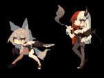  2girls animal_ears black_background black_gloves black_thighhighs breasts cigarette cleavage demon_girl demon_horns demon_tail full_body ghost_(tama) gloves high_heels holding holding_cigarette horns knife multiple_girls original playboy_bunny smoke tail thighhighs wolf_ears wolf_girl wolf_tail yellow_eyes 