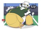american_football anthro belly big_belly big_breasts bovid bovine breasts cattle cheese clothed clothing dairy_products dialogue digital_media_(artwork) english_text female food green_bay_gal green_bay_packers hair hi_res kansas_city_chiefs kingcreep105 mammal massive_thighs nfl overalls overweight shirt solo sport tail text thick_thighs topwear torn_clothing vore white_hair wide_hips
