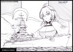  1girl andrea_doria_(azur_lane) andrea_doria_(battleship) antenna_hair azur_lane battleship breasts cape character_name cleavage commentary drill_hair drill_sidelocks emblem english_commentary graphite_(medium) greyscale hatching_(texture) highres large_breasts long_hair military_vehicle millipen_(medium) monochrome name_connection object_namesake ocean ship sidelocks signature the_general traditional_media warship watercraft white_cape 