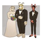  asgore_dreemurr beard blush boss_monster bouquet caprine cervine clothing deltarune facial_hair fangs flower horn long_ears mammal plant reindeer rudolph_(deltarune) simple_background suit toriel umidraws undertale video_games 