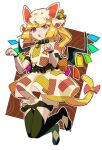  animal_ears bell black_footwear black_thighhighs blonde_hair bloomers cat_ears cat_tail chamaruk cosplay crystal flandre_scarlet full_body goutokuji_mike goutokuji_mike_(cosplay) hat highres mob_cap multicolored_clothes multicolored_shirt multicolored_skirt neck_bell one_side_up patchwork_clothes paw_pose red_eyes side_ponytail skirt skirt_set tail thighhighs touhou white_headwear wings yellow_tail 