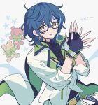 1boy aoba_tsumugi black_gloves black_shirt blue_hair cowboy_shot earrings ensemble_stars! fingerless_gloves glasses gloves green_eyes hair_between_eyes hands_up jacket jewelry long_sleeves looking_at_viewer male_focus meremero necklace open_mouth own_hands_together shirt short_hair smile solo stuffed_animal stuffed_toy teddy_bear white_jacket 