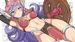 1girl arm_behind_head arm_up armor armpits bikini_armor black_sleeves blue_eyes blush breasts choker cleavage cowboy_shot curly_hair detached_sleeves dragon_quest dragon_quest_iii elbow_gloves gloves hair_between_eyes helmet hifumi_chiyoko highres holding holding_shield long_hair looking_at_viewer medium_breasts midriff navel parted_lips pink_headwear purple_hair red_gloves revealing_clothes shield shoulder_armor soldier_(dq3) solo thighlet toned warrior white_choker 