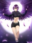  backlighting belt black_shorts crop_top feathered_wings gigamessy hair_between_eyes midriff navel original purple_feathers purple_hair purple_wings short_hair short_shorts shorts signature solo stomach wings yellow_eyes 