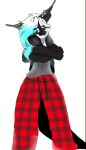 anthro blue_hair bottomwear clothing coy female fish grey_clothing grey_shirt grey_topwear hair humanoid marine pants penelope_(rainbowscreen) rainbowscreen red_bottomwear red_clothing red_pants shark shirt solo tail topwear unimpressed