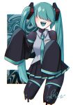  1girl abstract_background aqua_hair aqua_necktie aqua_tongue black_bodysuit black_skirt black_sleeves black_thighhighs blush bodysuit bodysuit_under_clothes breasts collared_shirt commentary covered_eyes cowboy_shot cropped_legs detached_sleeves dripping grey_shirt hair_ornament hair_over_eyes hatsune_miku highres long_bangs long_hair long_sleeves mekakure_miku_(homma_nuruneko) miniskirt necktie open_mouth pleated_skirt sharp_teeth shirt signature skirt sleeveless sleeveless_shirt sleeves_past_fingers sleeves_past_wrists small_breasts solo standing sweat teeth thighhighs twintails very_long_hair vocaloid wanda_(natade_nico2525) wide_sleeves 