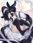  1boy 1girl absurdres animal_ears ass black_thighhighs blue_hair brother_and_sister cake cake_slice commentary_request dress eye_contact eyepatch ezenour food highres incest looking_at_another medium_hair original purple_eyes rabbit_boy rabbit_ears rabbit_girl short_hair siblings smelling_hair thighhighs 