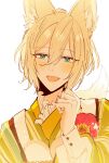  1boy absurdres animal_ears apron blonde_hair blue_eyes eichi_turnr ensemble_stars! fang fox_boy fox_ears fox_tail green_kimono grey_background highres japanese_clothes kimono koi_koi_cafe_(ensemble_stars!) looking_at_viewer male_focus open_mouth short_hair simple_background smile solo tail tenshouin_eichi white_apron 