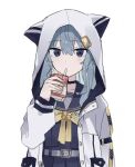  1girl animal_hood apple_juice belt belt_buckle black_choker blue_eyes blue_hair blue_sailor_collar blue_serafuku blue_skirt brooch buckle cat_hood choker commentary drinking_straw drinking_straw_in_mouth earrings grey_belt grey_shirt hair_between_eyes holding_carton hololive hood hood_up hoshimachi_suisei hoshimachi_suisei_(school_uniform) jacket jewelry juice light_blush long_hair long_sleeves looking_at_viewer neck_ribbon open_clothes open_jacket pleated_skirt ribbon saifu_(saihu715) sailor_collar school_uniform serafuku shirt sidelocks simple_background skirt solo star_brooch upper_body virtual_youtuber white_background white_jacket yellow_ribbon 