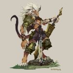  1boy animal_ears armor artist_name barefoot body_fur brown_background brown_cape cape cat_boy cat_ears cat_tail chest_harness digitigrade faulds from_side full_body furry furry_male grass greatsword green_eyes harness highres holding holding_sword holding_weapon knee_pads legs_apart looking_at_viewer male_focus medium_hair murayama_ryouta no_lineart orange_fur original pauldrons pawpads rock shoulder_armor signature simple_background single_pauldron solo spots standing sword tail weapon white_hair 