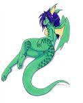  2018 4_toes 5_fingers anthro blue_hair breasts butt butt_pose dragon female hair membranous_wings nude red_eyes simple_background smile solo tierafoxglove toes traditional_media_(artwork) white_background wings 