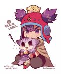  1boy animal bandage_on_face bandages black_pants boar cape cat chibi croket croket! full_body grey_cape holding holding_animal kotorai male_focus pants purple_cat purple_eyes purple_hair red_headwear red_wristband scar scar_on_cheek scar_on_face simple_background sitting solo translation_request twintails white_background worcester_(croket!) 