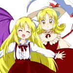  2girls bat_wings blonde_hair center_frills closed_mouth curly_hair dress elly_(touhou) fang frills frown hair_ribbon hat kurumi_(touhou) long_hair long_sleeves looking_at_viewer medium_hair multiple_girls nonamejd official_style outstretched_arms purple_wings red_dress red_ribbon red_skirt ribbon scythe shirt simple_background skirt spread_arms suspender_skirt suspenders teeth touhou touhou_(pc-98) upper_teeth_only very_long_hair white_background white_ribbon white_shirt wings yellow_eyes zun_(style) 