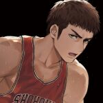  1boy aqua_eyes basketball_jersey basketball_uniform black_background brown_hair foxda25 highres looking_at_viewer male_focus medium_sideburns mitsui_hisashi muscular muscular_male open_mouth pectoral_cleavage pectorals red_tank_top short_hair sidepec simple_background slam_dunk_(series) solo sportswear sweat tank_top upper_body v-shaped_eyebrows 