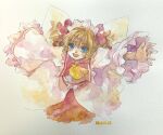  1girl blonde_hair blue_eyes dated fairy_wings fang happy highres long_sleeves looking_at_viewer medium_hair one-hour_drawing_challenge open_mouth painting_(medium) shiroma_(mamiko) simple_background solo sunny_milk touhou traditional_media watercolor_(medium) white_background wide_sleeves wings 