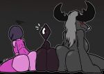 1_eye 2024 annoyed anthro antlers armor arthropod bea_(fr0gv0re) big_breasts big_butt black_antlers black_eyes black_nipples blush breasts butt butt_squish clara_(fr0gv0re) female fur genitals grey_body grey_fur grey_hair grey_helmet grey_tongue group hair headgear headgear_only helmet helmet_only horn huge_breasts huge_butt insect looking_at_viewer looking_back medium_breasts monster nipples prisma_(fr0gv0re) pussy rear_view red_eyes smile smirk squish take_your_pick tongue tongue_out trio ultilix unknown_species