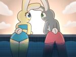 2d 3d_(artwork) amy_hope_(guak) anthro blue_eyes bottomwear clothing cloud digital_media_(artwork) duo eyelashes female fluffy fluffy_tail fur green_eyes grey_body grey_fur guak hi_res humanoid lagomorph leporid long_ears looking_at_another male mammal rabbit rear_view ronnie_(guak) smile sunset swimming_pool swimming_trunks swimwear tail thick_thighs topwear white_body white_fur wide_hips yellow_body yellow_fur