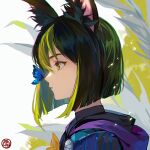  1boy animal animal_ears black_hair blue_butterfly bob_cut bug butterfly butterfly_on_nose chinese_commentary commentary fox_boy fox_ears from_side genshin_impact green_eyes green_hair hood hood_down looking_at_animal male_focus multicolored_hair portrait profile short_hair tighnari_(genshin_impact) white_background xuedaixun 