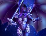  2018 5_fingers anthro armor bat black_nose blue_hair breasts clothed clothing digital_media_(artwork) female hair holding_object holding_weapon mammal melee_weapon midriff navel night outside purple_eyes shumey skimpy solo sword unconvincing_armor weapon 