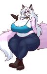 2024 anthro barefoot bell bell_collar big_breasts blazbaros blue_eyes bottomwear breasts bulging_breasts canid canine cleavage cleavage_overflow clothed clothing collar crop_top digital_media_(artwork) dipstick_tail eyebrows eyelashes eyewear feet female fox fur glasses gloves_(marking) hair hi_res huge_breasts long_hair looking_at_viewer mammal markings midriff navel pants pink_body pink_fur shirt simple_background slightly_chubby smile solo tail tail_markings thick_thighs toes topwear white_background white_body white_fur white_hair wide_hips
