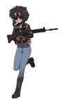  1girl aviator_sunglasses battle_rifle boots brown_hair dark-skinned_female dark_skin fingerless_gloves fn_fal gloves gun gunsmith_cats highres holding holding_gun holding_weapon jacket karepack leather leather_jacket rally_vincent rifle scope sunglasses tan tomboy weapon 