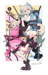  2girls animal_ear_fluff animal_ears animal_hands belt black_sash blonde_hair blue_belt blue_eyes blue_hair blue_kimono breasts character_name dog_ears dog_girl dog_paws dog_tail fang floral_print_kimono flower fuwawa_abyssgard fuwawa_abyssgard_(new_year) hair_flower hair_ornament harutimu highres hololive hololive_english japanese_clothes kimono large_breasts long_hair mococo_abyssgard mococo_abyssgard_(new_year) multicolored_hair multiple_girls obi official_alternate_costume open_mouth perroccino_(fuwamoco) pink_belt pink_eyes pink_hair pink_kimono sash short_hair short_kimono siblings sisters skin_fang sleeveless sleeveless_kimono smile streaked_hair tail twins virtual_youtuber 