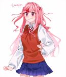  1girl alternate_hairstyle artist_name blue_skirt breasts cowboy_shot doki_doki_literature_club highres hinaten long_hair long_sleeves natsuki_(doki_doki_literature_club) pink_eyes pink_hair school_uniform shirt skirt small_breasts twintails white_background white_shirt 