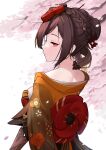  1girl bare_shoulders braid brown_hair cherry_blossoms chiori_(genshin_impact) from_behind genshin_impact hair_ornament highres japanese_clothes jon_eve kimono looking_at_viewer looking_back multicolored_hair obi red_eyes sash upper_body 