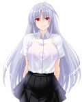  1girl black_skirt blue_hair breasts closed_mouth engo_(aquawatery) highres large_breasts long_hair looking_at_viewer lyrical_nanoha mahou_shoujo_lyrical_nanoha_strikers pleated_skirt red_eyes reinforce shirt simple_background skirt smile solo white_background white_shirt 