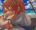  1girl blue_shirt cloud commentary crossed_arms feathers highres looking_at_viewer machida_0906 nami_(one_piece) ocean one_piece orange_eyes orange_hair ratline shirt short_hair shroud_(sailing) sidelocks sky solo white_shirt 