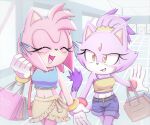  2girls amy_rose animal_ears bag blaze_the_cat cat_ears cat_girl cat_tail closed_eyes crop_top forehead_jewel furry furry_female gloves hand_grab hedgehog_girl highres maibeibi02 midriff multiple_girls open_mouth pink_fur ponytail purple_fur shopping_bag sonic_(series) tail white_gloves yellow_eyes 