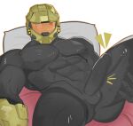  1boy absurdres black_bodysuit bodysuit bulge character_request covered_anus covered_nipples covered_penis erection erection_under_clothes feet_out_of_frame halo_(series) helmet highres jaxcian lying male_focus master_chief notice_lines on_back on_bed presenting_ass simple_background skin_tight solo spread_legs white_background 
