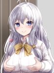  1girl absurdres ahoge blue_eyes blurry blurry_background blush bow braid breast_padding breasts c: closed_mouth collared_shirt commentary dress_shirt elaina_(majo_no_tabitabi) eyes_visible_through_hair fingernails grabbing_own_breast grey_hair hair_between_eyes hair_bow highres impossible_clothes indoors izuminomitsuba large_breasts long_hair long_sleeves looking_at_viewer low-tied_long_hair majo_no_tabitabi pink_bow shirt sidelocks single_braid smile smug solo straight_hair tsurime upper_body white_shirt yellow_bow 