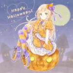  blonde_hair bow braid closed_mouth commentary_request dress full_body full_moon green_eyes halloween_costume happy_halloween hat high_heels jack-o'-lantern lillie_(pokemon) long_hair moon multicolored multicolored_clothes multicolored_legwear night night_sky pokemon pokemon_(game) pokemon_sm purple_bow short_sleeves sitting sky smile solo thighhighs twin_braids twitter_username yomogi_(black-elf) 