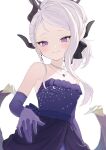  1girl black_horns black_wings blue_archive blush closed_mouth demon_horns demon_wings dress elbow_gloves gloves grey_hair highres hina_(blue_archive) hina_(dress)_(blue_archive) horns jewelry kiina_(mrnsor) long_hair looking_at_viewer multiple_horns necklace pendant purple_dress purple_eyes purple_gloves simple_background smile solo strapless strapless_dress white_background wings 