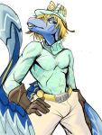 5_fingers anthro batrixy blonde_hair blue_body blue_eyes blue_feathers blue_scales clothing colored crossover diego_brando dinosaur dromaeosaurid fangs feathered_dinosaur feathers fingers gloves hair hand_on_hip handwear hat headgear headwear hi_res jojo&#039;s_bizarre_adventure long_tail male reptile scales scalie shirt simple_background snoot_game snout solo sweater tail tail_feathers teeth theropod topwear turtleneck utahraptor