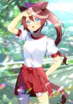 1girl animal_ears arm_up blurry blurry_background blush breasts brown_hair building clothes_around_waist commentary_request commission day depth_of_field gym_shirt gym_shorts gym_uniform hair_between_eyes hair_ribbon hand_on_own_hip horse_ears horse_girl horse_tail jacket jacket_around_waist kou_hiyoyo long_hair looking_at_viewer multicolored_hair open_mouth outdoors pink_ribbon ponytail puffy_short_sleeves puffy_sleeves railing red_jacket red_shorts ribbon shirt short_shorts short_sleeves shorts skeb_commission small_breasts solo streaked_hair sweat tail tokai_teio_(umamusume) track_jacket umamusume very_long_hair white_shirt 