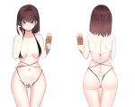  1girl absurdres ass back bikini black_bikini blush breasts brown_eyes brown_hair clenched_teeth dungeon_and_fighter food halterneck highres holding holding_food holding_ice_cream ice_cream ice_cream_cone looking_at_viewer medium_breasts medium_hair multi-strapped_bikini_bottom multiple_views nayak side-tie_bikini_bottom simple_background stomach string_bikini sweat swimsuit teeth thigh_gap thong turnaround white_background white_bikini 