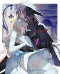  1boy 1girl blonde_hair commentary_request cover_image dress elbow_gloves gloves highres holding_hands indoors kissing_hair long_hair monster_boy original teikano101 textless_version thighhighs unconscious white_dress white_gloves white_thighhighs yellow_eyes 