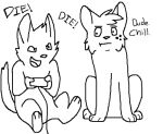2015 aliasing ambiguous_gender black_and_white bluekyokitty controller dialogue digital_drawing_(artwork) digital_media_(artwork) domestic_cat duo english_text featureless_crotch felid feline felis feral game_controller gaming handwritten_text head_tuft holding_controller holding_game_controller holding_object looking_at_another low_res mammal monochrome narrowed_eyes nude open_mouth open_smile paws playing_videogame sebdoggo semi-anthro serenity_(comic) sitting sketch smile tail text tuft zeke_(serenity)