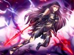 bodysuit breasts dual_wielding electricity eyebrows_visible_through_hair fate/grand_order fate_(series) floating_hair gigamessy hair_between_eyes holding holding_weapon long_hair looking_at_viewer medium_breasts navel open_mouth polearm purple_hair red_eyes scathach_(fate)_(all) scathach_(fate/grand_order) solo spear torn_bodysuit torn_clothes underboob very_long_hair weapon 