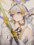  1girl arknights arm_tattoo bare_shoulders blonde_hair blue_eyes blue_hair branch breasts closed_mouth colored_skin dress earrings gradient_hair grlcbrd_butter hair_between_eyes hair_intakes highres holding horns jewelry long_hair long_sleeves looking_at_viewer multicolored_hair multicolored_skin pointy_ears shu_(arknights) slit_pupils small_breasts solo tassel tassel_earrings tattoo white_dress white_hair yellow_skin 