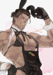  1boy adventurer_(ff14) alternate_costume animal_ears apron bara black_apron black_bra blue_eyes bra brown_hair carrot_print crossdressing final_fantasy_xiv_dawntrail food_print from_below gsg7pk hair_slicked_back hand_on_own_ear highres hyur large_pectorals looking_at_viewer male_focus male_playboy_bunny mature_male medium_hair muscular muscular_male pectoral_cleavage pectorals pulling_own_ear rabbit_ears scar scar_across_eye smile solo sparse_stubble thick_eyebrows underwear unfinished upper_body viper_(final_fantasy) warrior_of_light_(ff14) 