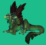 3_fingers 3_toes broken_horn claws dogrot dragon feathers feet female feral fingers fur furred_dragon green_background green_body green_fur green_hair hair horn inner_ear_fluff kyisha lying pink_eyes simple_background solo toe_claws toes tuft wings