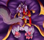 anfani_(artist) anthro arms_tied artist_logo artist_name bat bat_wings bdsm bed bed_sheet bedding big_tail blush bodily_fluids bondage bound bow_ribbon canid canine canine_ears clitoris colored_nails exposed feet female fluffy fluffy_tail foot_focus fox fur fur_markings furniture genital_fluids genitals golden_ribbon grey_body grey_fur hair hands_behind_back hi_res high-angle_view inviting logo long_hair long_tail looking_at_viewer looking_back lying mammal markings membrane_(anatomy) membranous_wings muzzle_bound nails obscured_anus on_bed on_front orange_eyes pawpads pink_pawpads prepared presenting presenting_pussy purple_bedding pussy raised_foot raised_leg raised_tail red_nails red_wings ribbon_bondage ribbons signature solo spread_pussy spreading submissive submissive_female tail vaginal_fluids white_hair wings wings_tied wolf_tail wrinkled_sheets