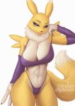anthro atsuii bandai_namco big_breasts black_sclera blue_eyes breasts canid canine clothing digimon digimon_(species) erect_nipples female fur hi_res looking_at_viewer mammal nipples renamon solo tail white_body white_fur yellow_body yellow_fur