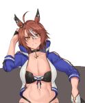  1girl ahoge animal_ears asymmetrical_gloves black_choker black_gloves blue_jacket bodice breasts brown_hair choker cleavage collarbone commentary cropped_jacket cross daiwa_major_(racehorse) ear_covers ear_ornament ear_piercing fukuro_(maruaru00) genderswap genderswap_(mtf) gloves hair_between_eyes half_gloves highres horse_ears horse_girl inverted_cross jacket long_sleeves looking_at_viewer midriff mismatched_gloves multicolored_hair navel open_clothes open_jacket orange_eyes original pendant_choker personification piercing single_half_glove sitting slit_pupils smirk solo track_jacket two-tone_hair umamusume upper_body white_gloves white_hair 